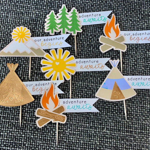 Set of 4 Handmade Adventure Camping Outdoors Travel Cupcake Toppers Personalize Bridal Engagement Shower Birthday Party Decor Decorations