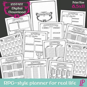 Peut inclure: Un ensemble de pages de planificateur de style RPG imprimables. Les pages comprennent des sections pour le niveau de personnage, les cartes de quête, les journaux d'aventure hebdomadaires, etc. Le texte "Instant Digital Download" et "RPG-style planner for real life" sont visibles.