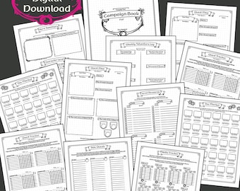 May include: A collection of printable RPG-style planner pages. The pages include sections for character level, quest maps, weekly adventure logs, and more. The text "Instant Digital Download" and "RPG-style planner for real life" are visible.