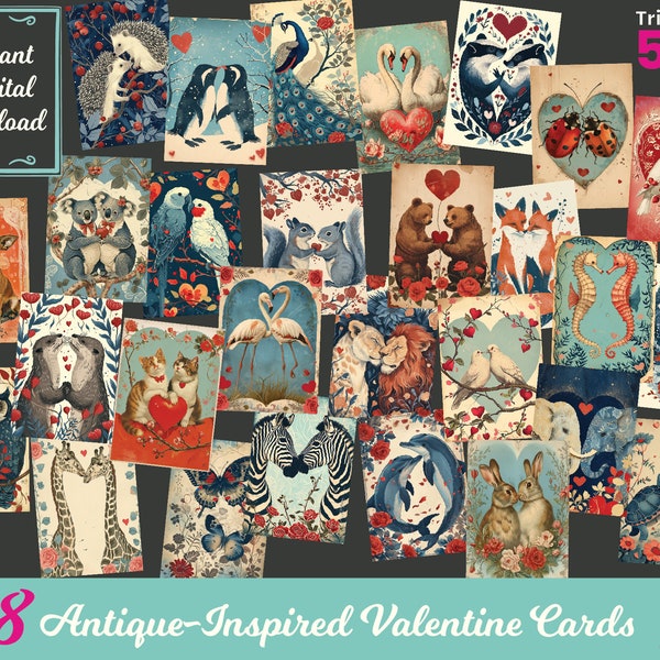Printable Vintage Animal Valentine's Day Cards Romantic Digital Gift Tags Instant Download Antique Love Notes Whimsical Holiday Bundle