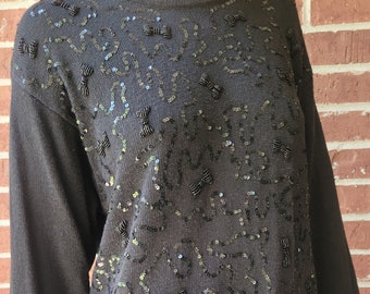 Jacylyn Smith Beaded Bow Black Sequin Vintage Statement Sweater