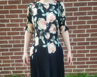 Rose Print Bias Cut Made In India Rayon Tie Vintage Maxi Dress