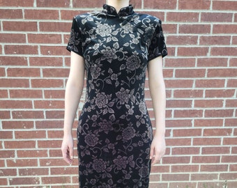 Black Velvet Floral Burnout Vintage David Warren New York Cheongsam Maxi Dress