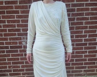 Grecian Draped Floral Lace Asymmetrical Pearlcore Mermaid Vintage Wedding Dress