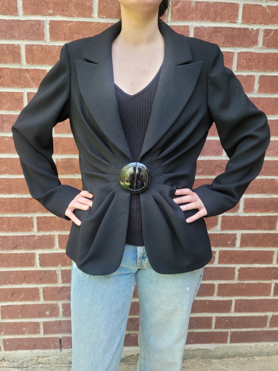 Anne Klein New York Black Pleated Professional Statement Vintage Blazer