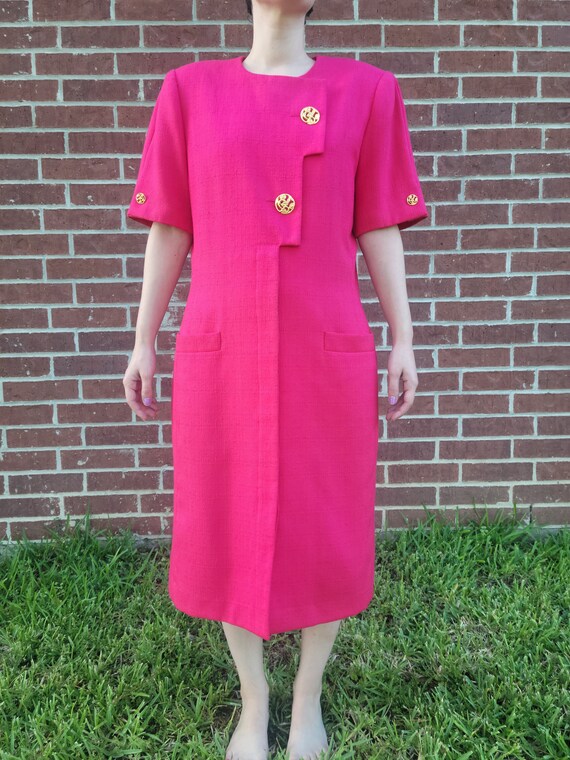Hot Pink Statement Button Geometric Shift Dress K… - image 1