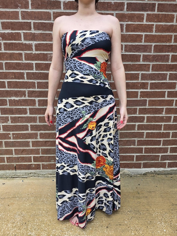 90s Y2k Animal Print Rose Colorblock Pattern Tube Dress