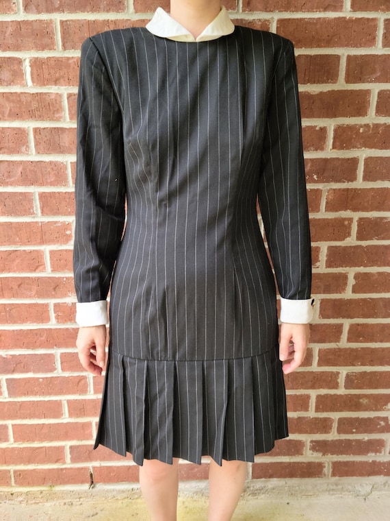 open lace back dress Pinstripe Pleated Waistcoat Mini Dress in Black