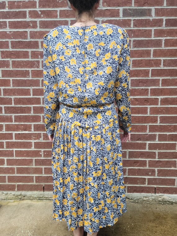 Yellow Floral Navy Blue Sash Tie Pleated Henry Lee Midi Dress