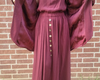 Rayon Burgundy Vintage Pleated Breezy Skirt, Tank and Blazer Set