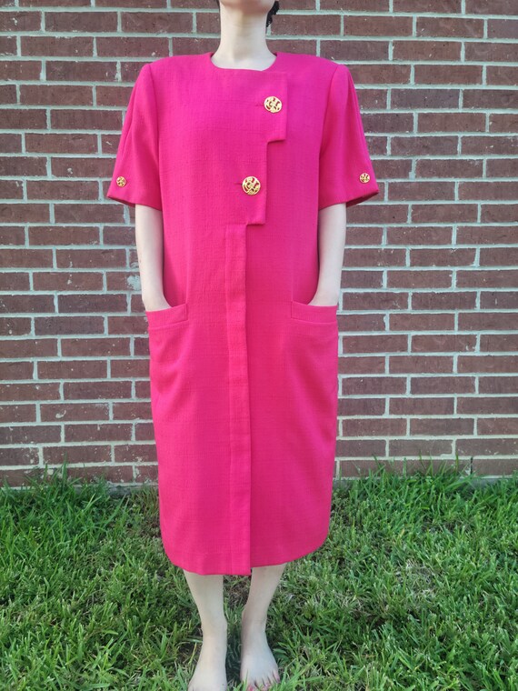 Hot Pink Statement Button Geometric Shift Dress K… - image 2