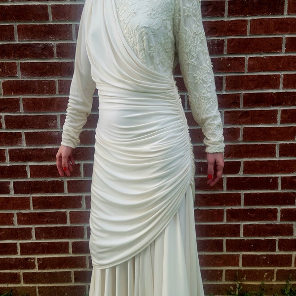 Grecian Draped Floral Lace Asymmetrical Pearlcore Mermaid Vintage Wedding Dress