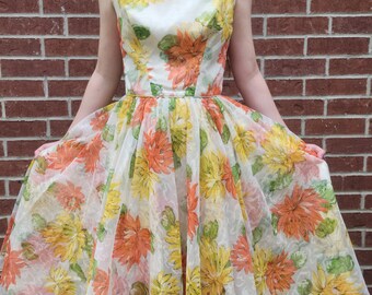 Emma Domb California Yellow And Orange Floral A-Line Flowy Bow Strap Dress