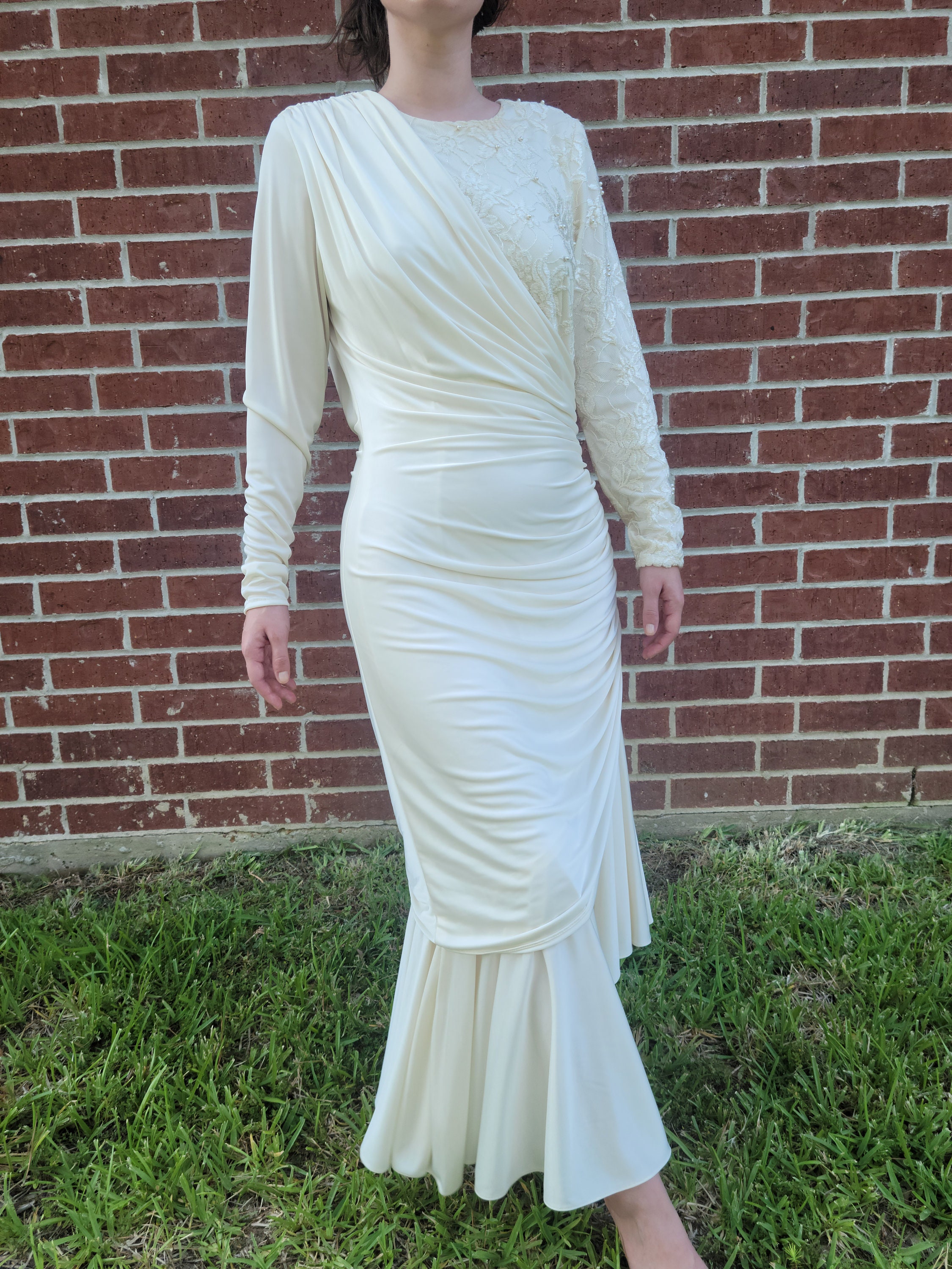 Grecian Draped Floral Lace Asymmetrical Pearlcore Mermaid Vintage Wedding  Dress - Etsy