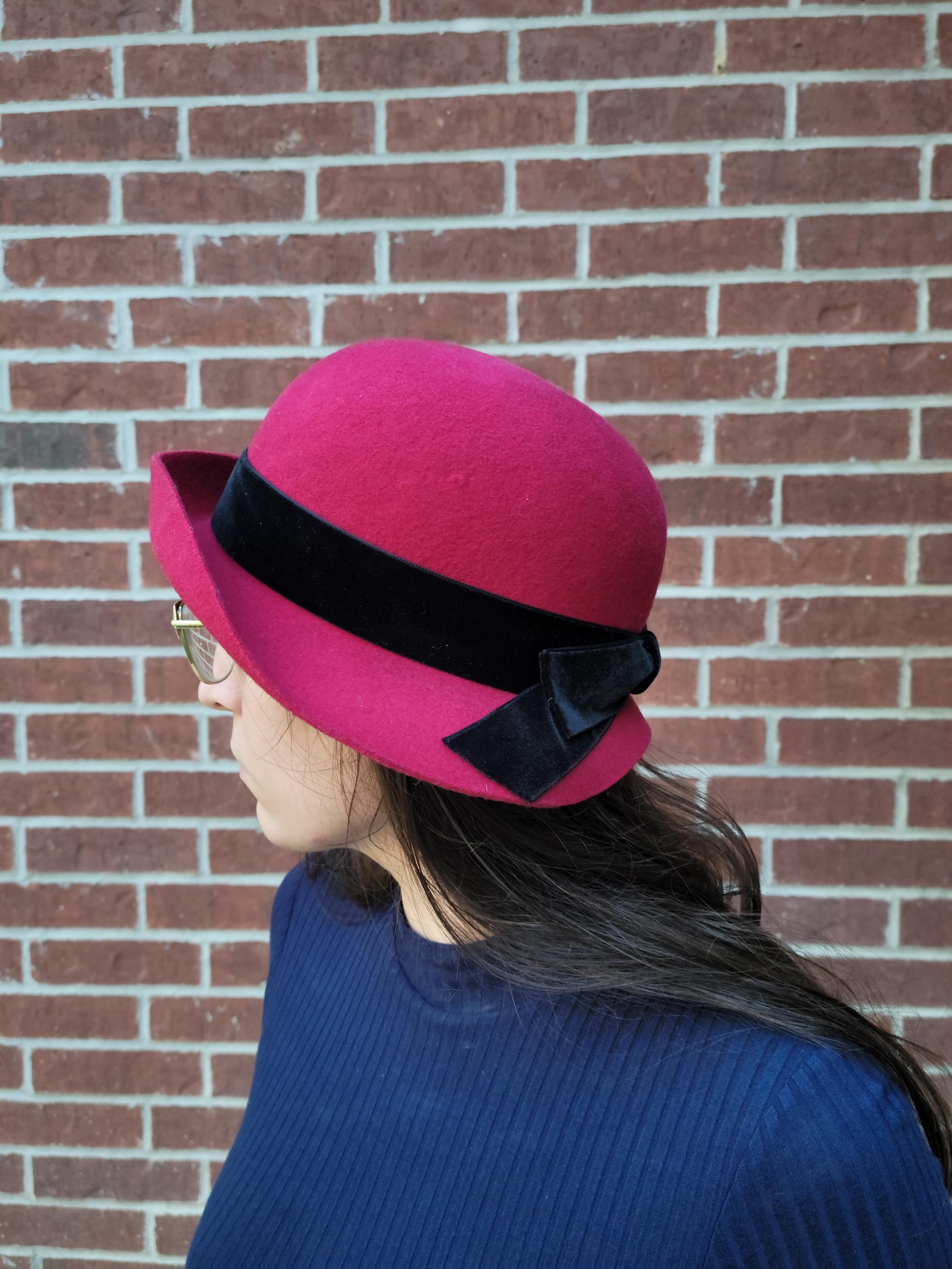 Vintage‎ Laura Ashley Black Velvet Hat Cloche/Bucket Made in Great Britain Laura Ashley Cloche Hat, Burgundy Wool With Black Velvet  main image 2