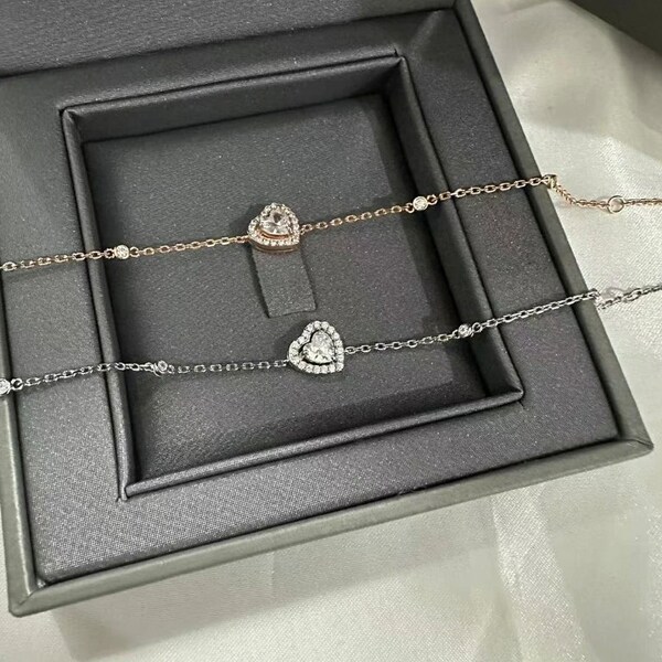 100% 925 Sterling Silver, 14KGold Plated, Womens Heart shaped Zircon Diamond Pendant  Bracelet,Couple Engagement Wedding Gifts,Birthday gift