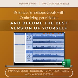 May include: A laptop computer screen displaying a spreadsheet with charts and graphs. The text on the screen reads "Balance Ambitious Goals with Optimizing your Habits AND BECOME THE BEST VERSION OF YOURSELF". The text below the laptop reads "IMPROVE YOUR PRODUCTIVITY SYSTEMATICALLY WITH A POINT SYSTEM".