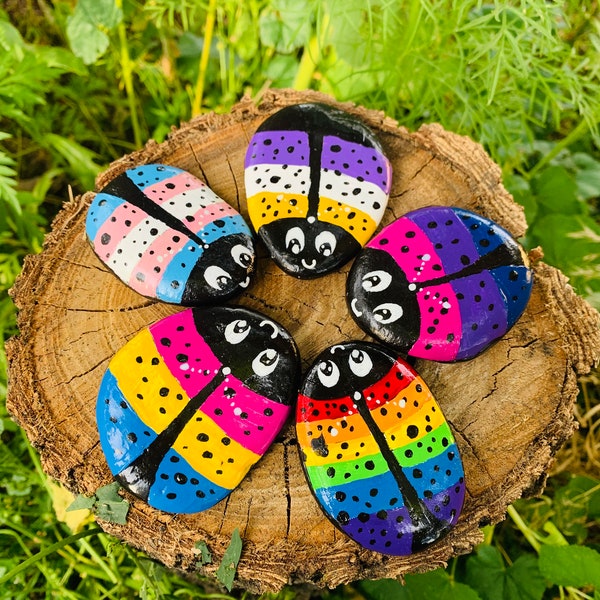 Hand Painted Queer + Pride Flag Ladybug Rocks
