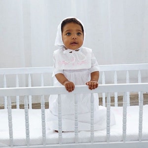 Baby Girl White Bib Baptism Gown with Bonnet | Baby Girl Baptism Gown | Baby Girl Christening Outfit | Baptism Outfit Girl | Baby Girl Gown
