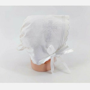 Embroidered Cross Baptism Bonnet |  Christening Hat for Babies | Heirloom Quality Cotton Bonnet | Special Occasion Baby Accessory