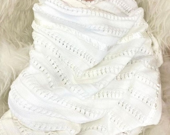 Soft White Baby Blanket - Christening Gift, Baptism Blanket, Newborn Gift, Baptism Gift - Silk Lined Cotton Knit