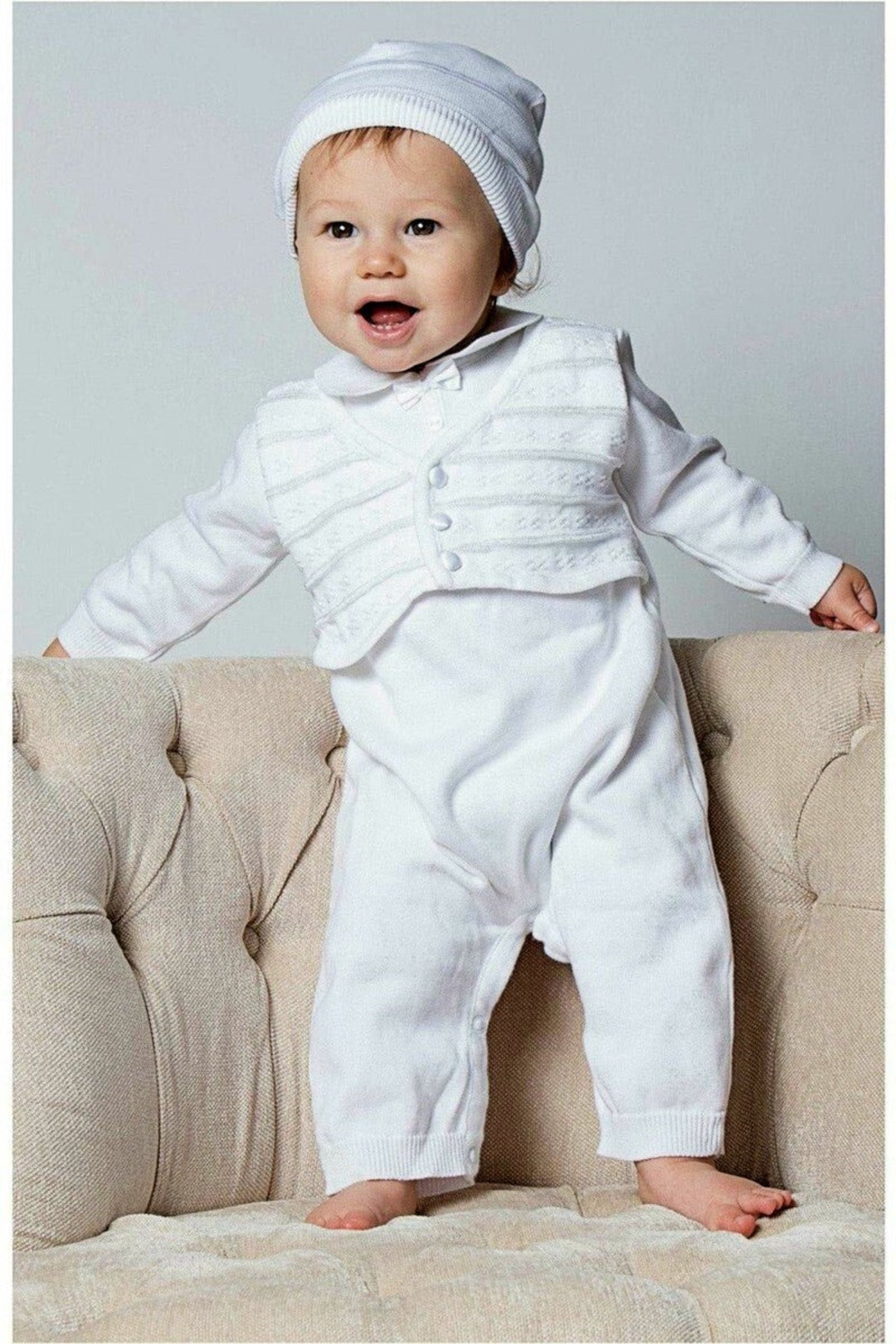 Baby Boy Christening Outfit With Attached Vest and Hat | Boys Baptism ...