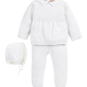 Knit Pearl Cross 2 Piece Outfit with Bonnet Hat | Boys Baptism Outfit| Baptism Outfit Boy | Boy Christening Outfit | Baby Boy Christening