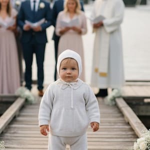 May include: A baby wearing a light gray knit sweater and matching pants, paired with a white bonnet, stands on a wooden dock. The child is the focal point, with a wedding party and officiant blurred in the background.