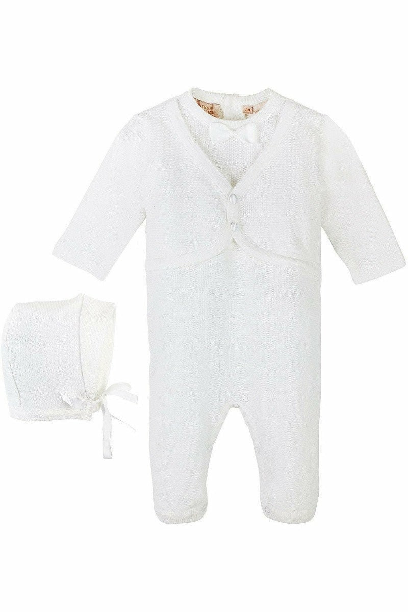 Baby Boy Christening Outfit with Vest & Bonnet - Elegant White Cotton Knit for Special Occasions
