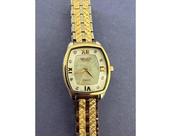 Gruen Watch Mother of Pearl Face Gold Tone Womens Stainless Jewel Needs Battery
