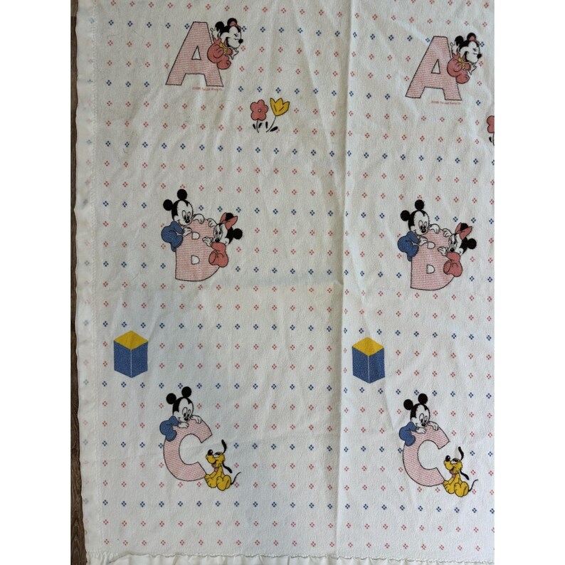 Vtg Disney Dundee Baby Blanket Mickey Minnie Mouse Crib Cotton Satin Edge image 3