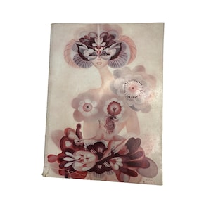 May include: Vintage illustration of a woman with a floral mask and dress. The artwork features a soft color palette of pink, white, and burgundy. The woman's form is adorned with large, stylized flowers.