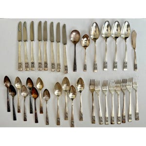 Pode incluir: Uma coleção de talheres em tom prateado, incluindo várias facas, colheres e garfos dispostos em filas. O conjunto apresenta designs de cabos variados com padrões decorativos na base de cada peça, exibindo uma mistura de acabamentos polidos e oxidados.