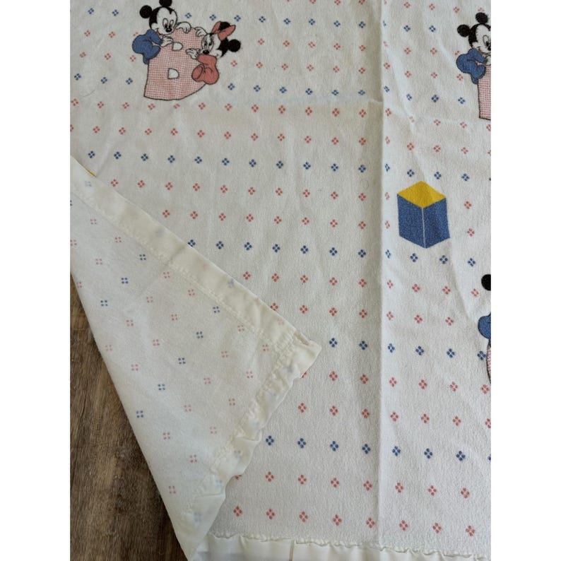 Vtg Disney Dundee Baby Blanket Mickey Minnie Mouse Crib Cotton Satin Edge image 6