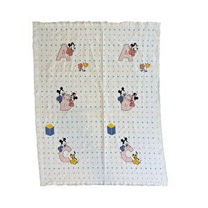 Vtg Disney Dundee Baby Blanket Mickey Minnie Mouse Crib Cotton Satin Edge image 1