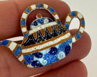 Sterling Silber Teekanne Brosche Blau wirbelt Emaille Signiert 925 Pin Atemberaubende