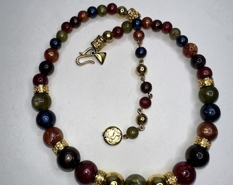 VTG Liz Claiborne Necklace Multi Color Resin Beads Gold Tone Hook Clasp
