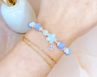 Sakura Flower Kawaii Crystal Bracelet (Available in Blue Chalcedony, Rose & Girasol Quartz, Fully Adjustable, Kawaii Jewelry, Gifts for Her)