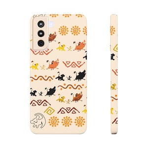 May include: A cream-coloured phone case with a repeating pattern of lions, sun symbols, and geometric shapes. The case has a cutout for the camera lens.