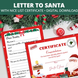 Carta imprimible a Papá Noel y conjunto de certificados de Papá Noel / Carta de Papá Noel rellenable para niños / Certificado de lista agradable, Descarga de Navidad