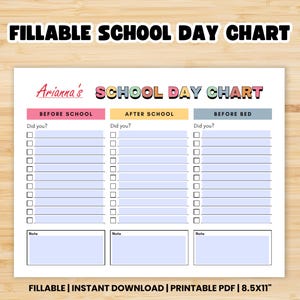 School Day Checklist for Kids – Fillable & Printable Daily Routine Chart | Back to School Task Tracker | Chore Chart for Kids
