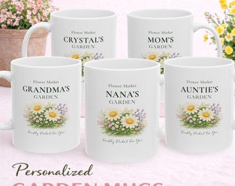 Tazza da giardino personalizzata con design floreale e nome personalizzato, tazza da caffè, idea regalo per la festa della mamma, regalo di compleanno, arte ad acquerello, tipografia elegante, nonna