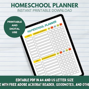 Editable Homeschool Planner, Weekly Checklist and Student Schedule, A4 and US Letter Printable