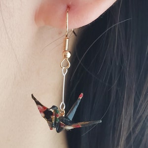 Origami Crane Earrings: Washi Paper, 14K Gold Hooks Jewelry