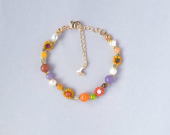 Autumn Bloom Gemstone Bracelet | Beaded Flower Bracelet in Fall Colors | Dainty Gold Filled Jewelry