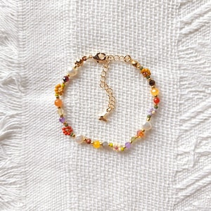 Autumn Glow Bracelet, Adjustable Fall Flower Beaded Bracelet, Delicate Freshwater Pearl Bracelet, Dainty Gemstone Gold Filled Bracelet Gift