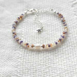 Delicate Peachy Lavender Beaded Bracelet, Adjustable Freshwater Pearl Bracelet, Dainty Fall Seed Beads Bracelet,Handmade Autumn Boho Jewelry