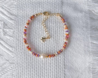 Caramel Fall Beaded Bracelet With Freshwater Pearl, 5–7in Adjustable Gold Filled Design