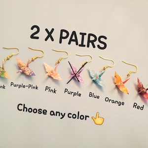 2 paires de boucles d'oreilles pendantes grue en origami, bijoux en origami faits main, choix parmi plusieurs couleurs et motifs, papier japonais washi de haute qualité