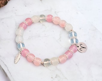 Aries Zodiac Bracelet | 8mm Glass Beaded Astrology Bracelet | Silver Feather Charm Jewelry